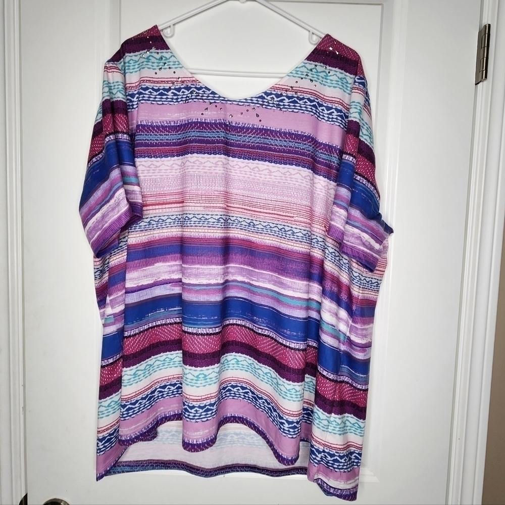 Catherine’s Women's Plus Size 2X Top Blouse Pink Purple Jewel Neckline Shirt